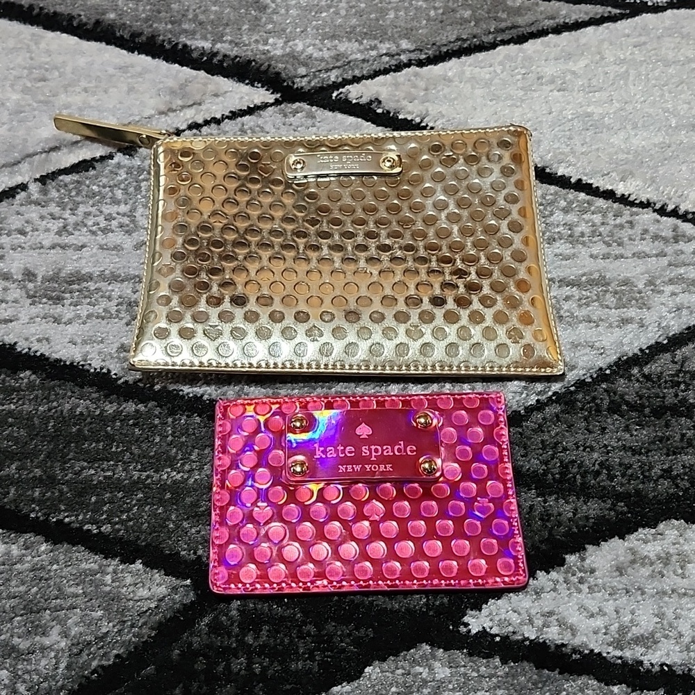 KATE SPADE ♠️ NEW YORK IRIDESCENT PINK SLIM CARD HOLDER & GOLD SHINE WAL…